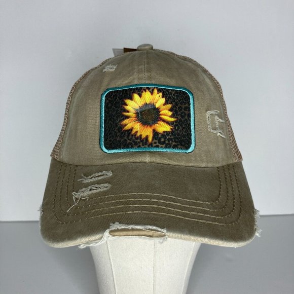 C.C. Pony Caps Women's Ponytail Hat Sunflower Patch Distresssed Style New - Picture 1 of 10